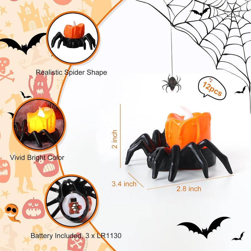 YBB 12 Pcs Halloween Spider Tea Lights, Novelty LED Flameless Spider Candle Holder Battery Operated Orange Tea Lamps for Halloween Party Table Home Spooky Decor - Image 2
